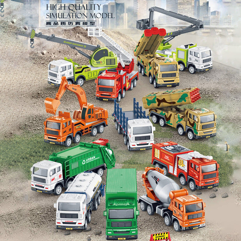 Inertia Engineering Fleet Toy Fire truck, excavator, concrete mixer truck, sanitation truck, missile launcher vehicle, boy's inertia toy car, aerial ladder truck.