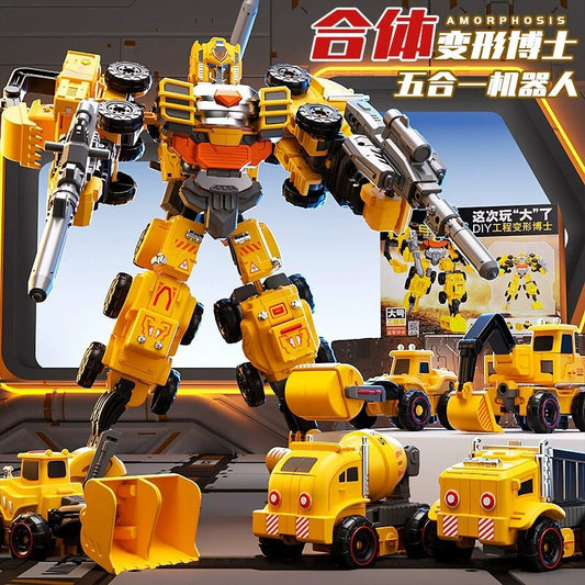 6-in-1 Transformable Construction Robot Toy - Inertia Powered Building Blocks Set | STEM Educational Mecha Model for Kids Ages 6-12