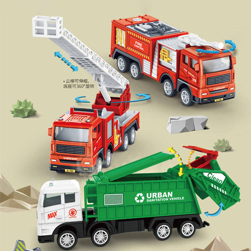 Inertia Engineering Fleet Toy Fire truck, excavator, concrete mixer truck, sanitation truck, missile launcher vehicle, boy's inertia toy car, aerial ladder truck.