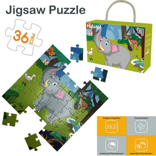 Elephant Adventure Floor Puzzle – 36-Piece Jigsaw for Kids Ages 3-6 | Large 11.8" Educational Toy | Extra-Thick 2mm Cardboard with Storage Box